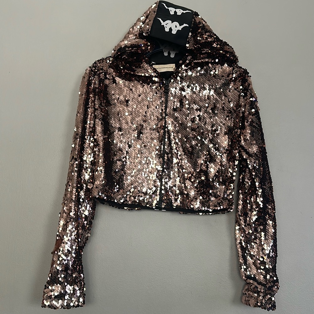 Faith Connexion women copper rose sequin zip hoodie crop jacket w/kappa design